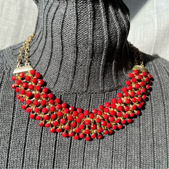 Egyptian Revival Bib Collar Necklace Opaque Red Stone Pin Cushion Necklace - Picture 12 of 13